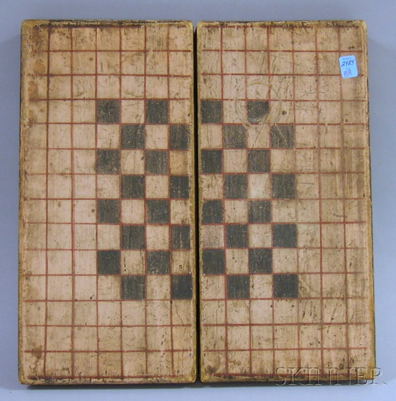 Appraisal: Polychrome Painted Wooden Folding Checkers Backgammon Game Board lg folded