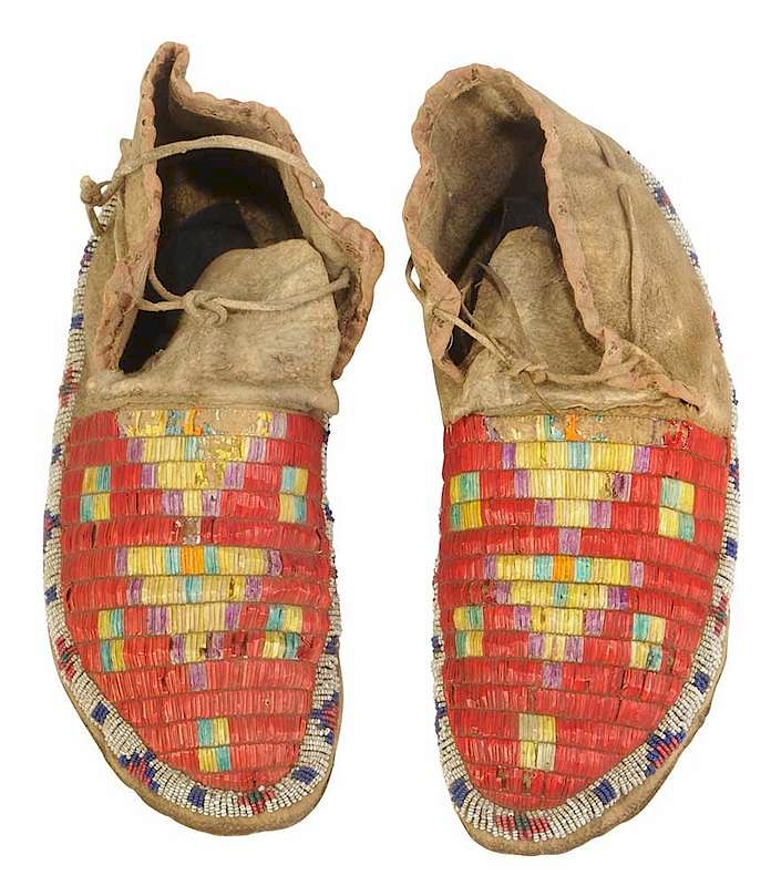 Appraisal: Quilled Beaded Hide Men's Moccasins late th century Lakota porcupine