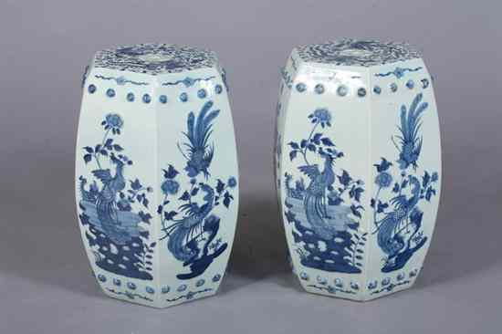 Appraisal: PAIR CHINESE BLUE AND WHITE PORCELAIN HEXAGONAL GARDEN SEATS Bird