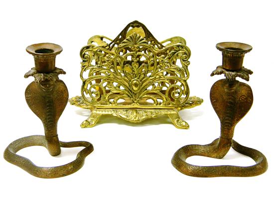 Appraisal: Three pieces of metalware including pair brass candlesticks in form