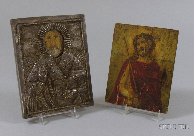 Appraisal: Two Small Icons Russian Greek one with silver metal riza