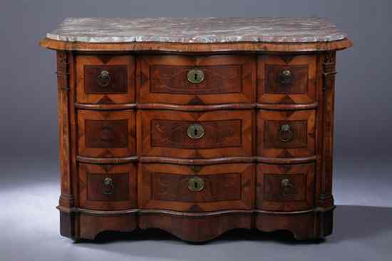 Appraisal: DUTCH PARQUETRY INLAID MARBLE-TOP COMMODE th century Serpentine marble top