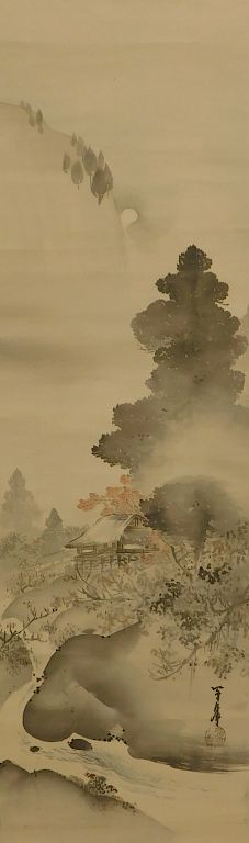 Appraisal: Japanese Landscape Hanging Wall Scroll Painting Japan River scene with