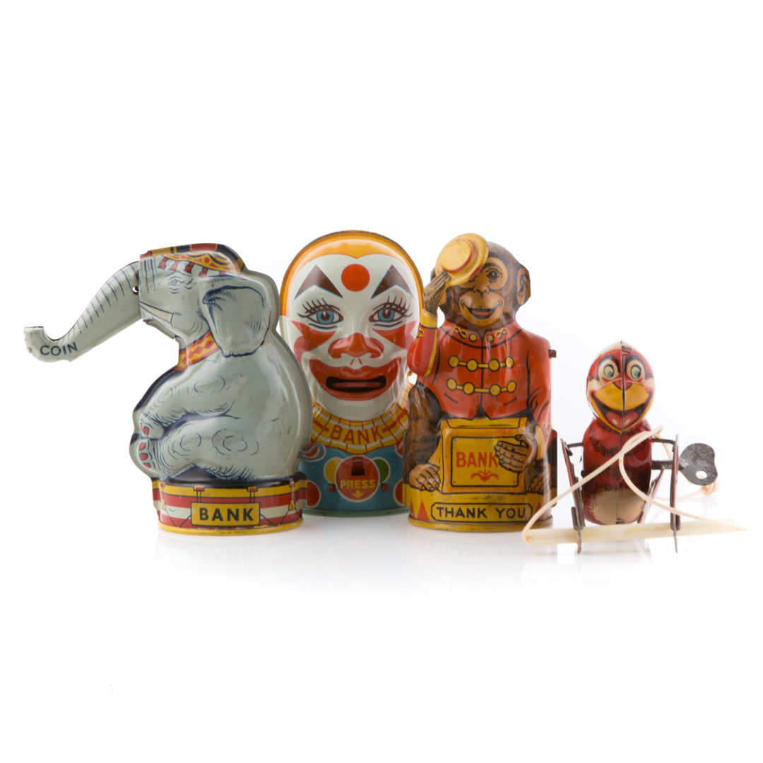 Appraisal: Chein Clown Monkey and Elephant banks with tumbling hanging monkey