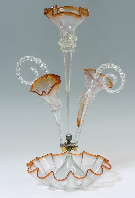 Appraisal: VENETIAN ART GLASS EPERGNE clear floriform vases with applied decoration