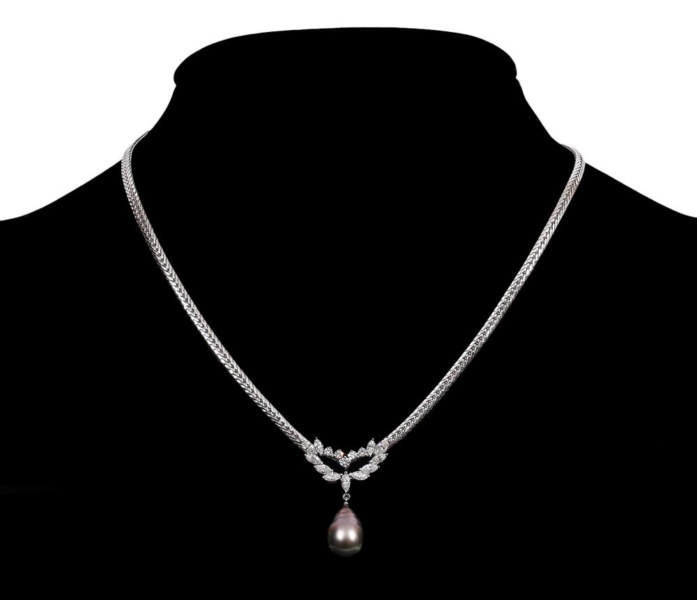 Appraisal: LADY'S PEARL AND DIAMOND PLATINUM NECKLACETeardrop black Tahitian cultured pearl