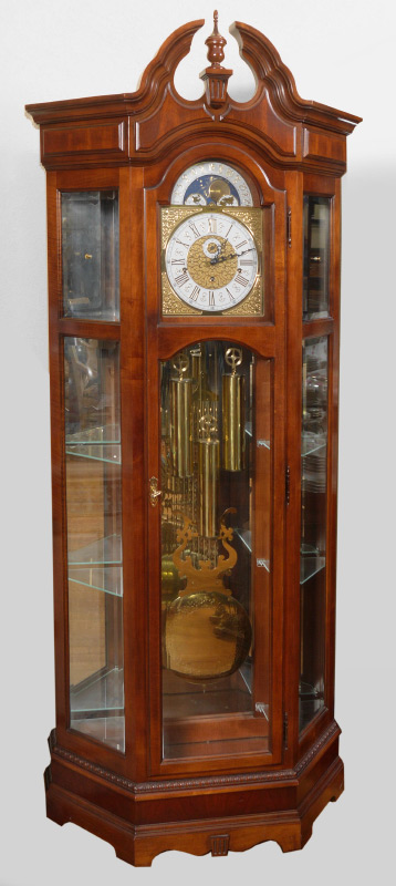 Appraisal: HOWARD MILLER CURIO GRANDFATHER CLOCK Mahogany case broken arch pediment