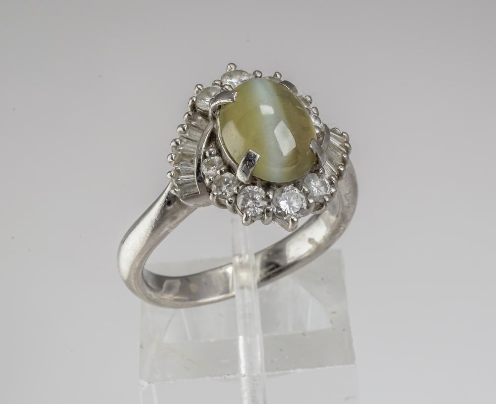 Appraisal: PLATINUM TIGER'S EYE CHRYSOBERYL AND DIAMOND RINGPlatinum Tiger's Eye Chrysoberyl