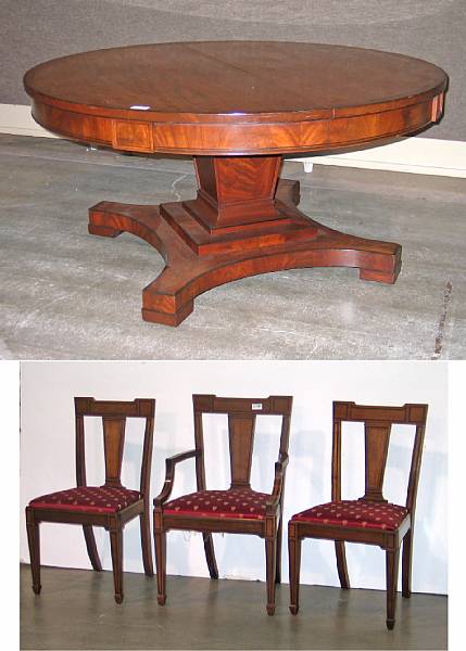 Appraisal: A Neoclassical style inlaid mahogany dining suite comprising a table