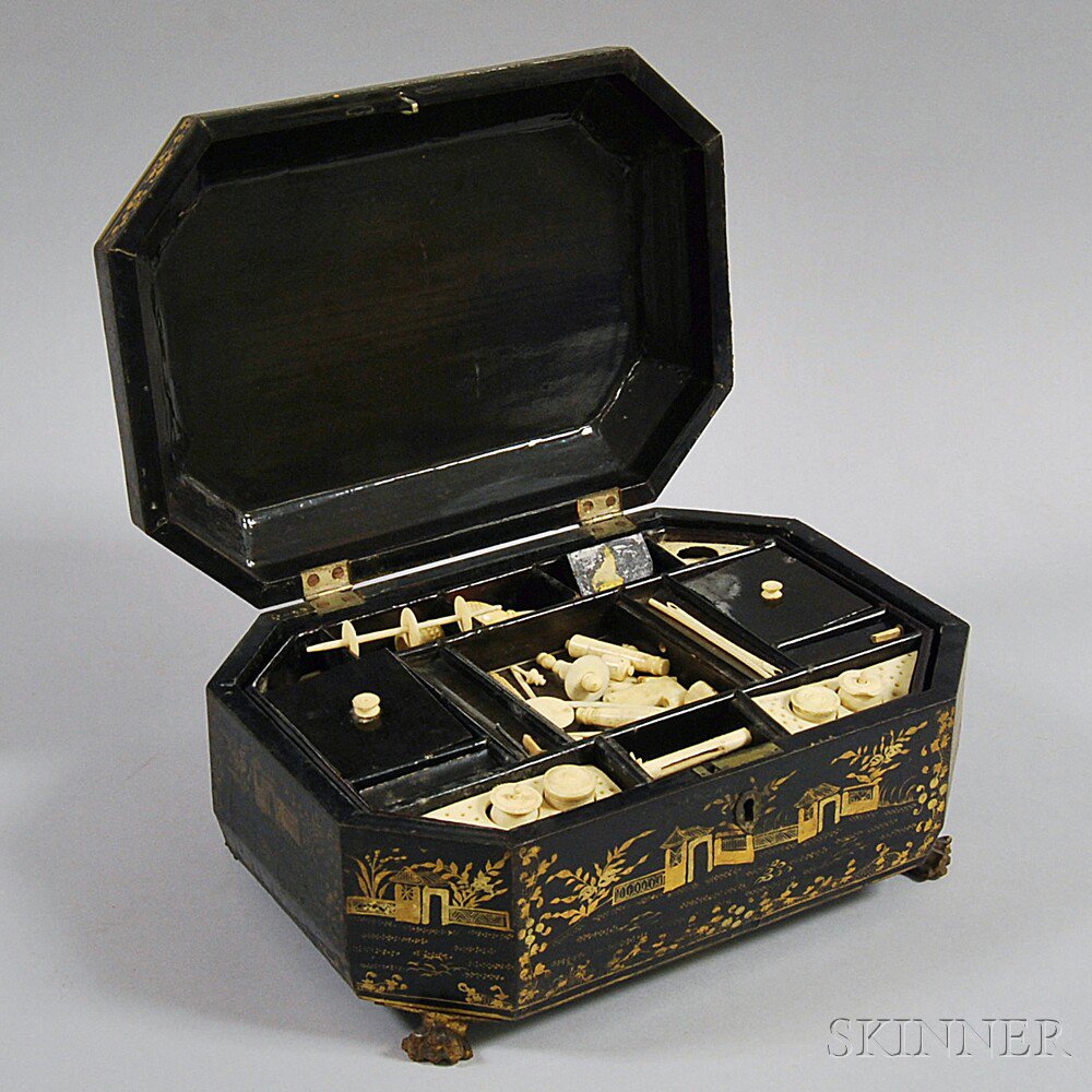 Appraisal: Chinese Export Black-lacquered Sewing Box th century the octagonal case