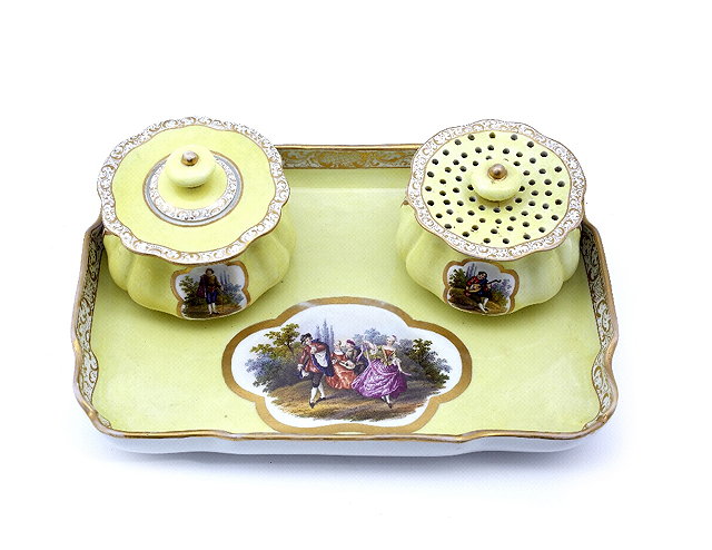 Appraisal: A Meissen yellow ground inkstand th Centurythe rectangular tray having