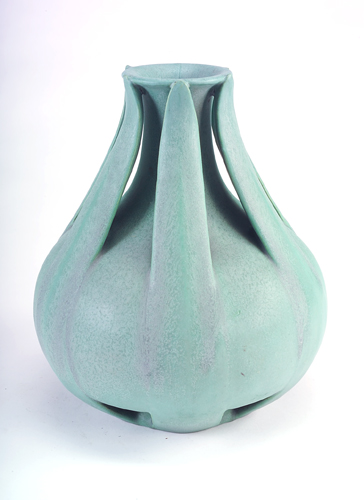 Appraisal: TECO Fine and rare bottle-shaped vase with six full-height leaf-shaped