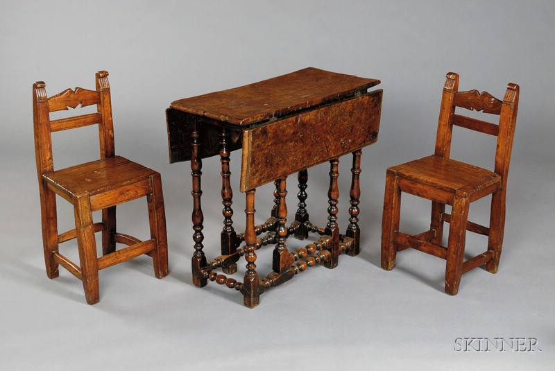 Appraisal: William and Mary Style Burl Walnut Diminutive Drop-leaf Table and