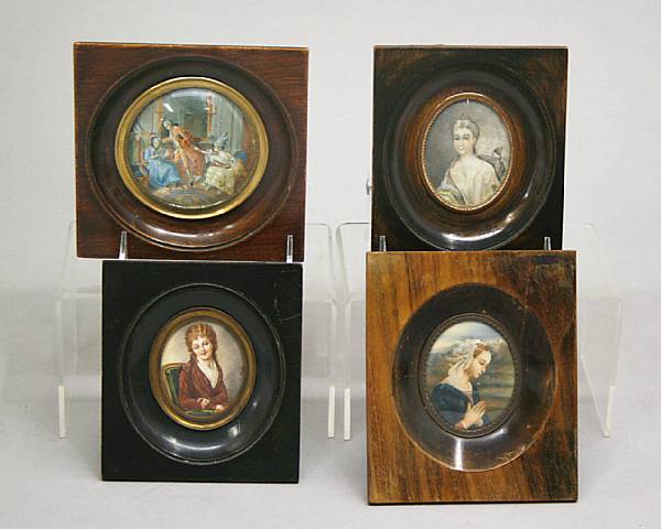 Appraisal: Four miniature pictures th early th century Comprising lady in