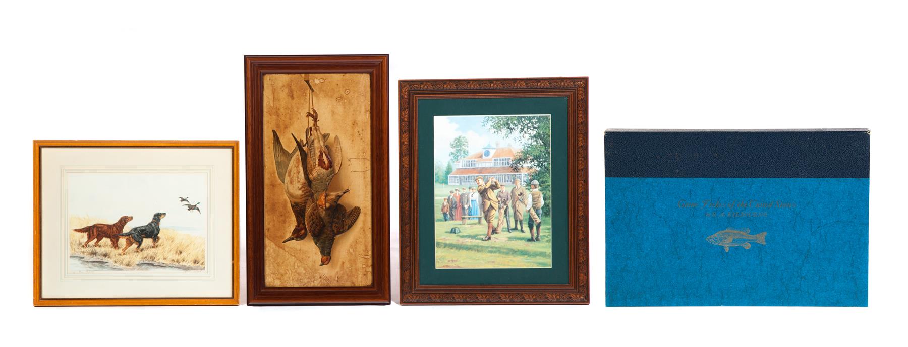 Appraisal: THREE FRAMED SPORTING PRINTS AND PORTFOLIO Twentieth century Early chromolithograph