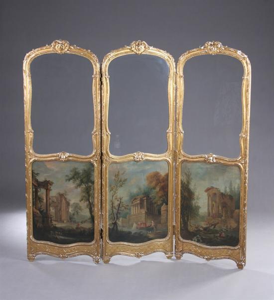 Appraisal: LOUIS XV STYLE THREE-PANEL FOLDING SCREEN early th century gilt