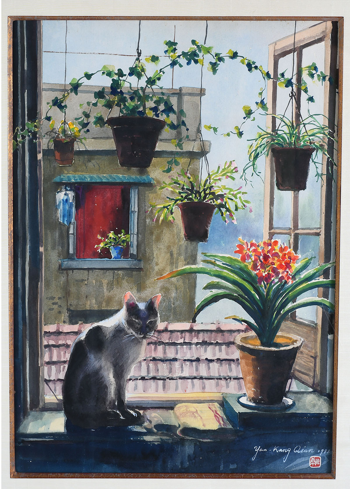 Appraisal: QIAN Yan-Kang Chinese th Century Hanging Plants and Siamese Cat