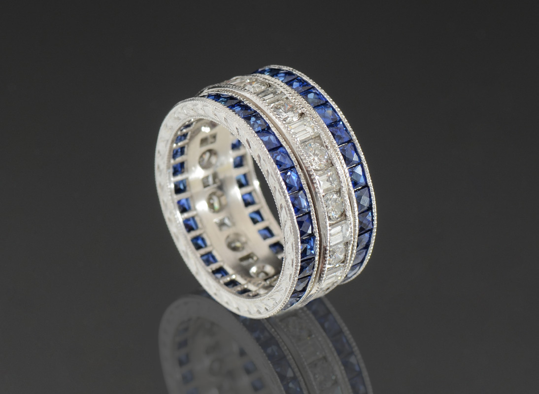 Appraisal: PLATINUM SAPPHIRE AND DIAMOND ETERNITY OR WEDDING BAND RING A