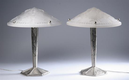 Appraisal: PAIR FRENCH ART DECO-STYLE PATINATED METAL AND FROSTED GLASS TABLE