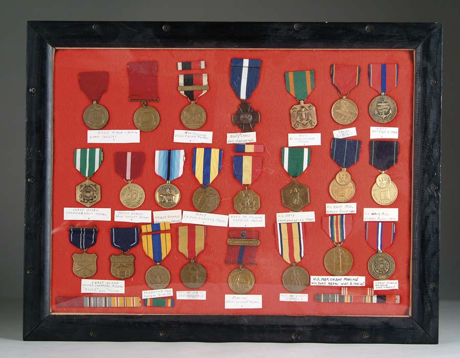 Appraisal: THREE FRAMES OF U S SERVICE MEDALS AND BARS Includes