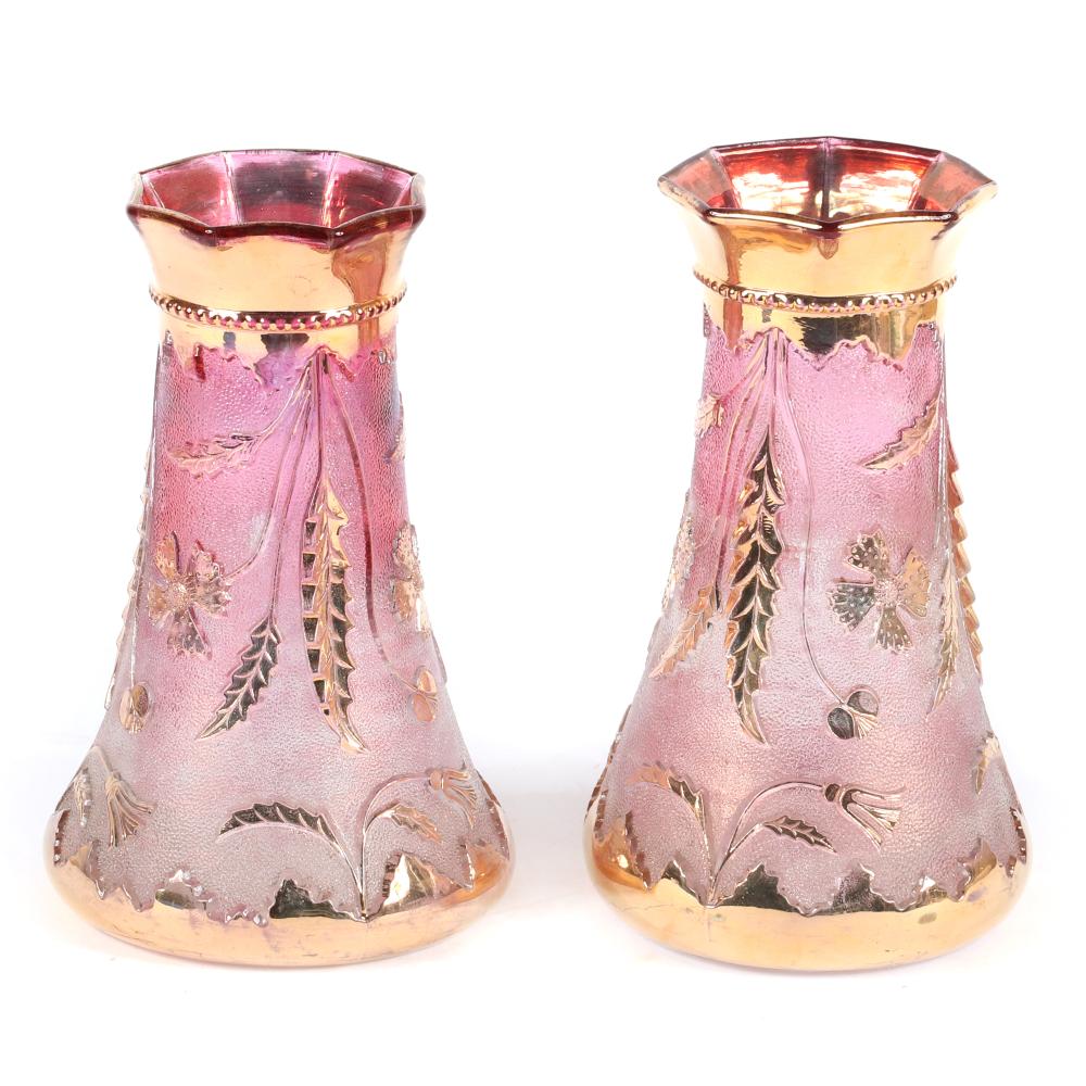 Appraisal: PAIR OF AMERICAN EAPG 'DELAWARE' PATTERN GLASS VASES CRANBERRY FLASH