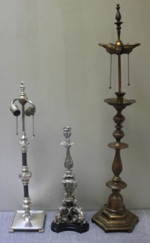 Appraisal: Silvered Bronze Single Candle Stick Lamp Along with a silvered