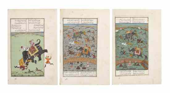 Appraisal: Three Persian Illuminated Manuscript Leaves each with superscriptions and depicting