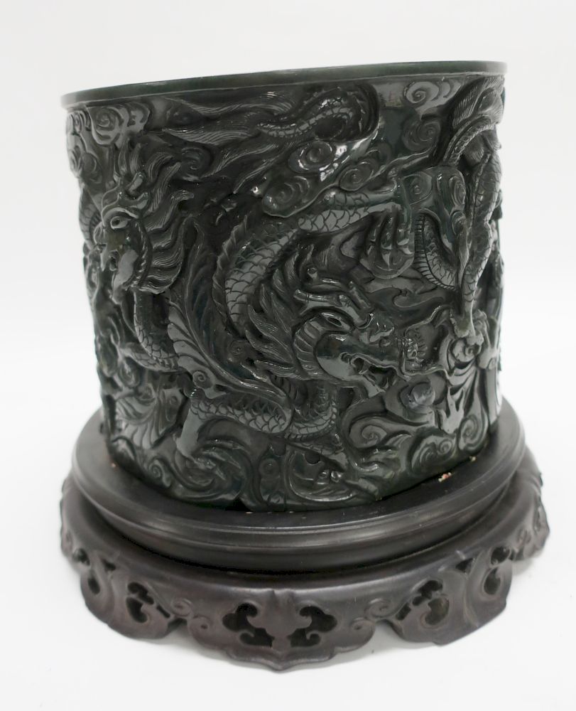 Appraisal: Carved Spinach Jade Brush Pot On a hardwood stand Possibly