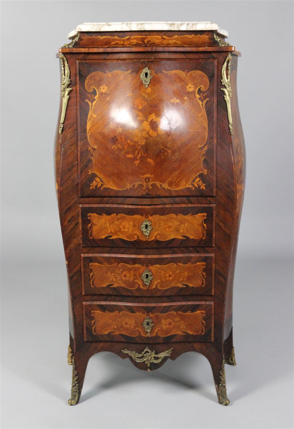 Appraisal: LOUIS XV STYLE MARQUETRY DECORATED SECRETAIRE A ABATTANT the bombe