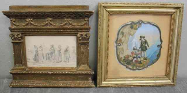 Appraisal: Illegibly Signed Drawing in a Vintage TabernacleFrame with a Gouache