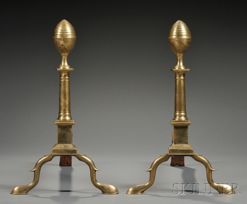 Appraisal: Pair of Brass and Iron Lemon-top Andirons Boston late th