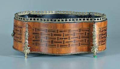 Appraisal: Marquetry inlaid planter cartouche shaped with openwork brass gallery ormolu