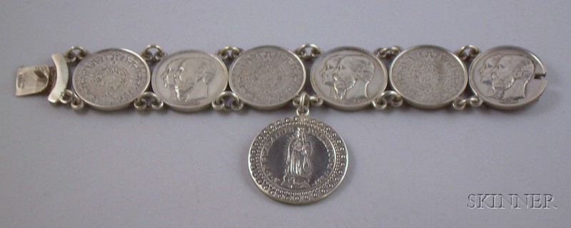 Appraisal: Mexican Sterling Silver Coin Bracelet with Coin Fob made up