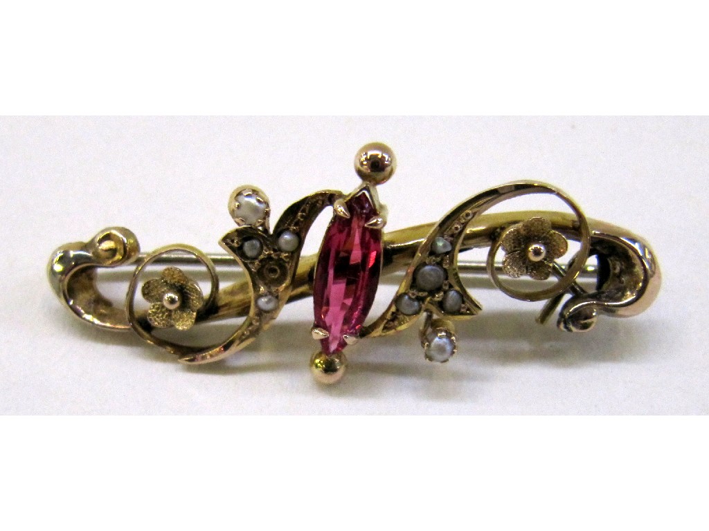 Appraisal: Edwardian ct gold foliate scroll bar brooch with seed pearls