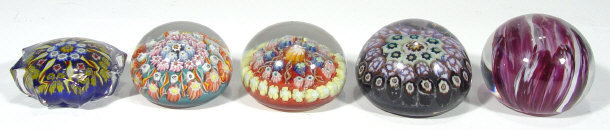 Appraisal: Five colourful glass paperweights - four with millefiore canes and