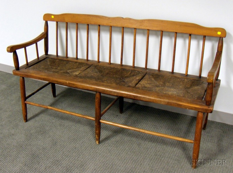 Appraisal: Windsor-style Maple Spindle-back Deacon's Bench with Woven Rush-inset Panel Seat