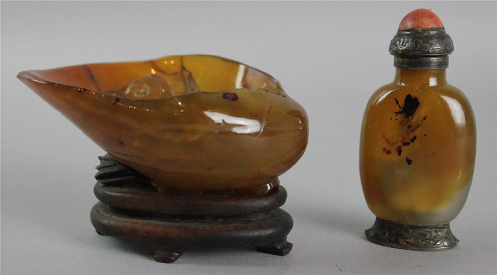 Appraisal: CHINESE CARNELIAN AGATE SHELL-FORM BRUSH WASHER carved in the shape