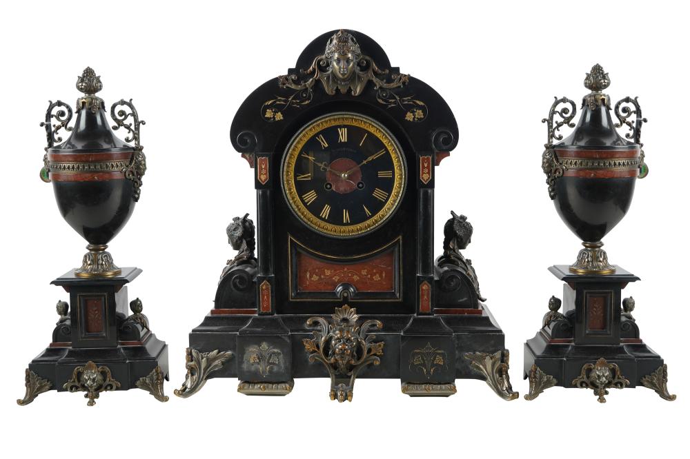 Appraisal: THREE-PIECE CLOCK GARNITUREmarble slate and bronze Condition with restorations and