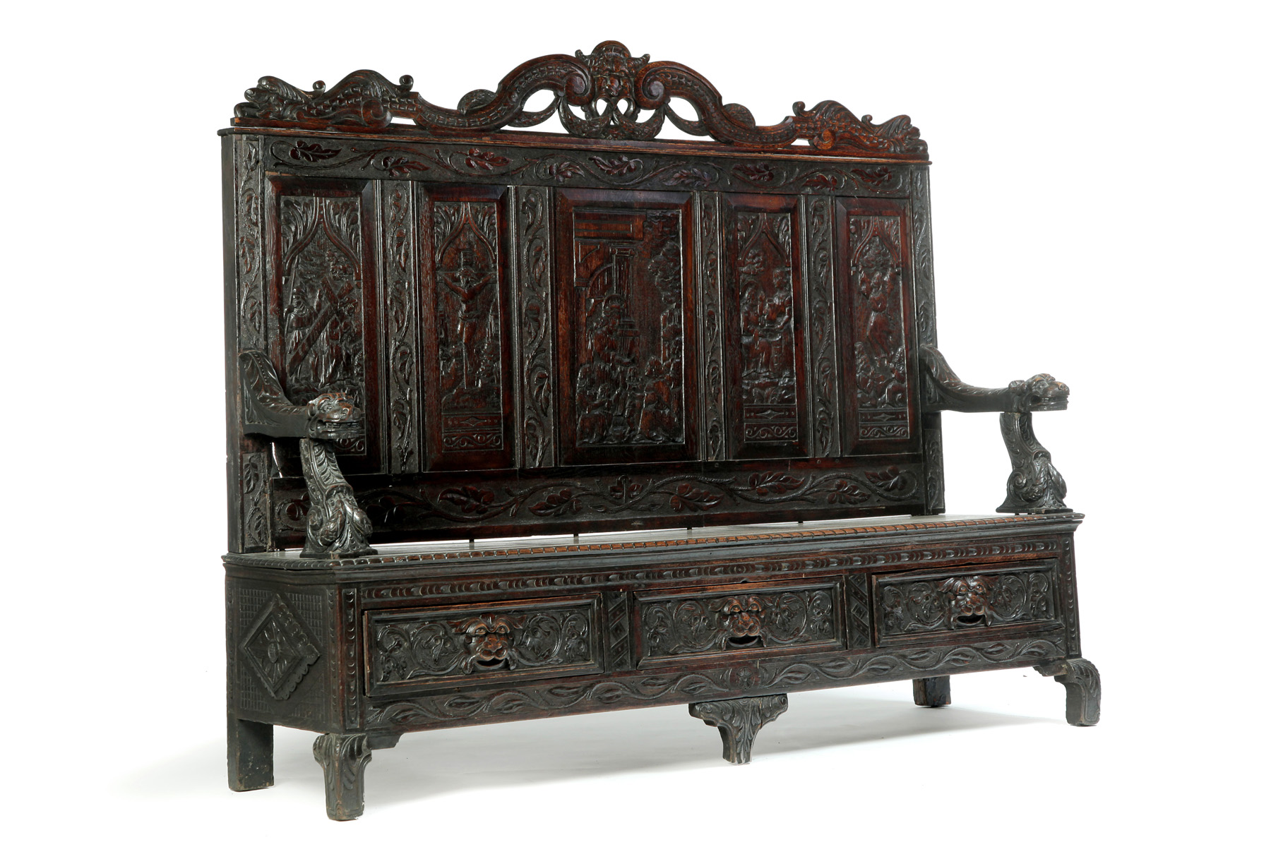 Appraisal: ENGLISH CARVED BENCH Late th century oak Medieval style high