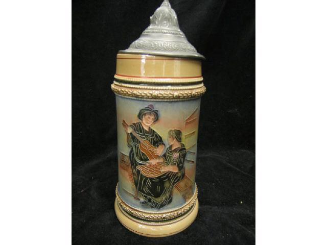 Appraisal: German Pottery Beer Stein musical scene pewter lid liter