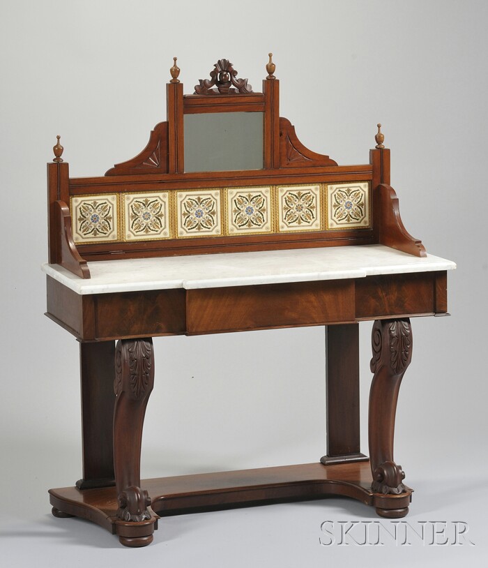 Appraisal: English Victorian White Marble-top Carved Mahogany and Walnut Chamber Table