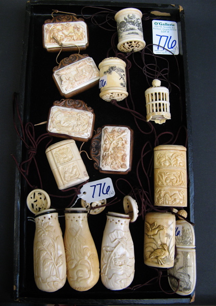 Appraisal: COLLECTION OF INRO PLAQUES CRICKET CAGES pieces hand carved ivory