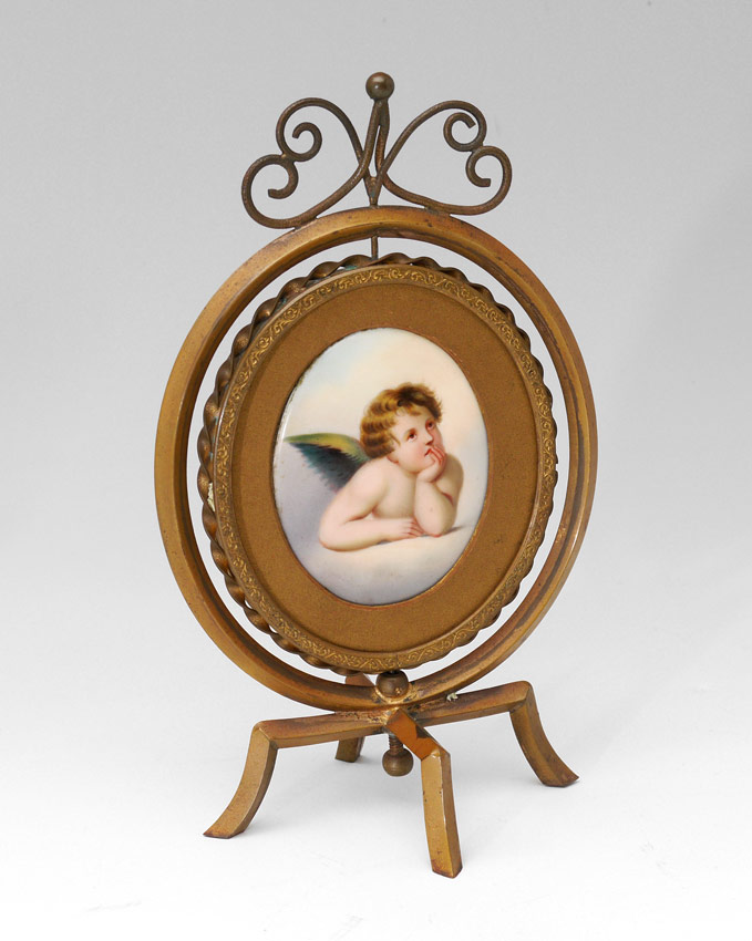 Appraisal: MINIATURE PAINTED PORCELAIN TABLE SCREEN AFTER RAPHAEL Two-Sided Painting on