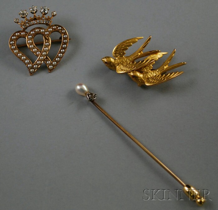 Appraisal: Three kt Gold Pins a gold diamond and pearl double-heart