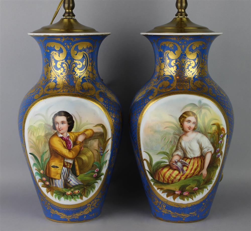 Appraisal: PAIR OF CONTINENTAL BRIGHT BLUE GROUND VASES mid th C