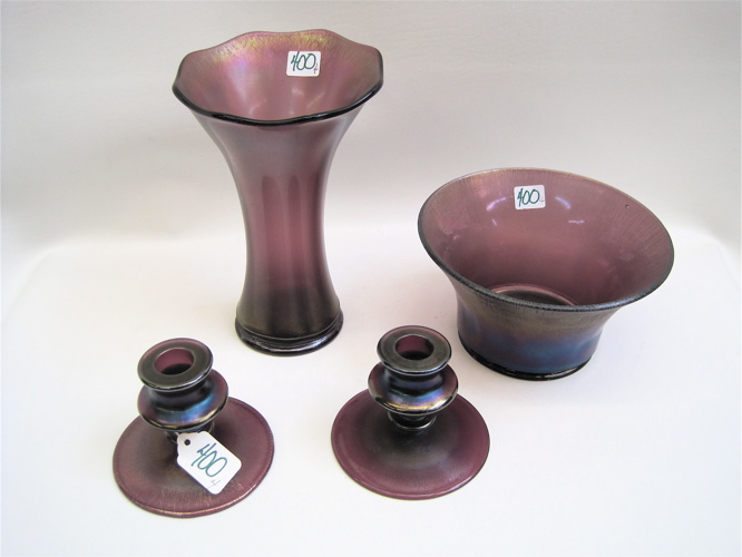 Appraisal: FOUR PIECES PURPLE STRETCH GLASS vase H flared bowl D