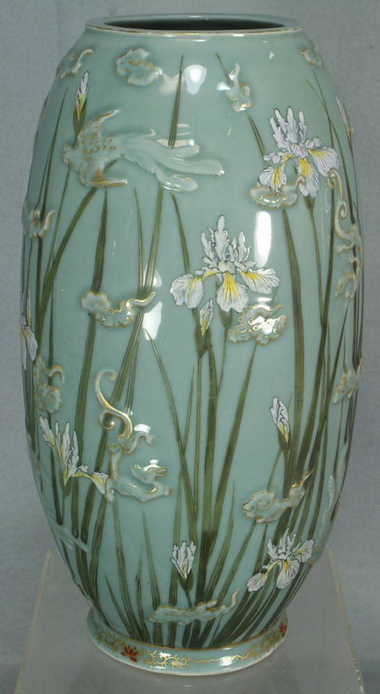 Appraisal: Enameled Japanese celadon vase decorated with iris and phoenix signature