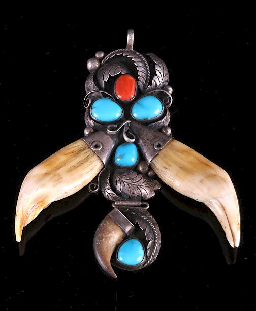 Appraisal: Navajo Bear Tooth Turquoise Coral Silver Pendant For your consideration