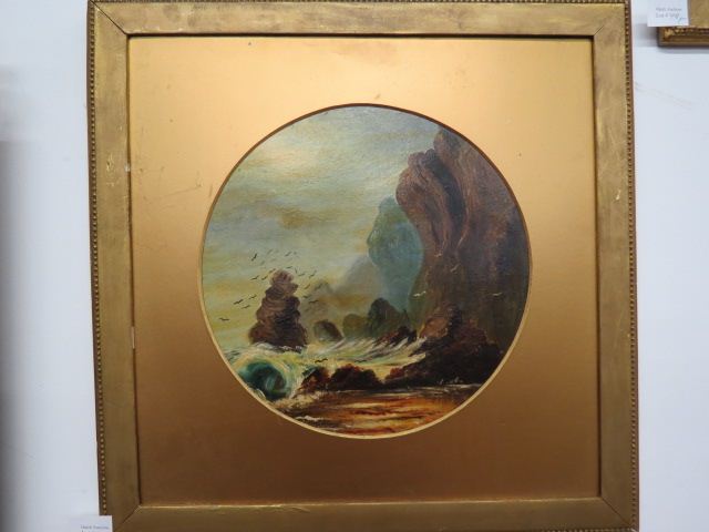 Appraisal: Pair of Victorian Oil Paintings seascapes rocky coastline diameter one