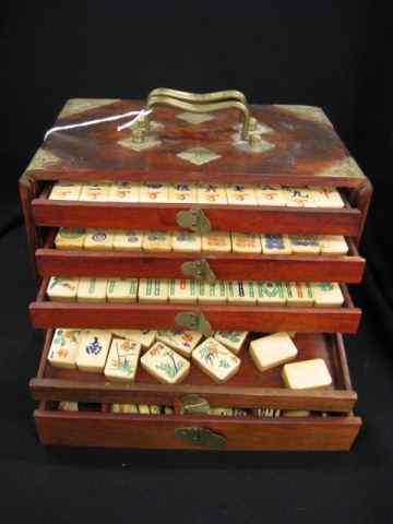 Appraisal: Mah Jong Set bone bamboo tiles in wooden case circa